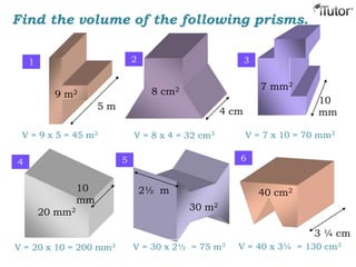 Find the volume of the following prisms.
9 m2
V = 9 x 5 = 45 m3
8 cm2 7 mm2
5 m
4 cm
10
mm
20 mm2
10
mm
30 m2
2½ m 40 cm2
3 ¼ cm
V = 8 x 4 = 32 cm3 V = 7 x 10 = 70 mm3
V = 20 x 10 = 200 mm3 V = 30 x 2½ = 75 m3 V = 40 x 3¼ = 130 cm3
1 2 3
4 5 6
 