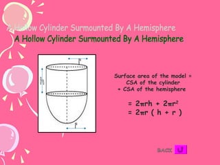 Surface area of the model =
    CSA of the cylinder
 + CSA of the hemisphere

    = 2πrh + 2πr2
    = 2πr ( h + r )
 