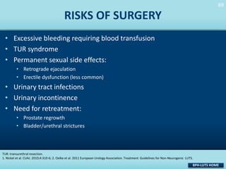 69
69

RISKS OF SURGERY
• Excessive bleeding requiring blood transfusion
• TUR syndrome
• Permanent sexual side effects:
• Retrograde ejaculation
• Erectile dysfunction (less common)

• Urinary tract infections
• Urinary incontinence
• Need for retreatment:
• Prostate regrowth
• Bladder/urethral strictures

TUR: transurethral resection.
1. Nickel et al. CUAJ. 2010;4:310-6; 2. Oelke et al. 2011 European Urology Association. Treatment Guidelines for Non-Neurogenic LUTS.

BPH-LUTS HOME

 