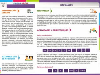 INFORMACIÓN
GENERAL
RELEVANCIA
Comente con el docente que los números decimales nos permiten resolver operaciones o pro-
blemas que no es posible solucionar con los números naturales y que el sentido numérico que
se desea desarrollar en los estudiantes incluye también al conjunto de números decimales. Por
tanto, es necesario que no solo conozcan cómo escribirlos y operar con ellos, sino que adquie-
ran habilidad, intuición, comprensión, conocimiento y razonamiento acerca de estos números y
el comportamiento que siguen al operar con ellos, ya sea con cálculos algorítmicos o mentales
(García, 2014).
ACTIVIDADES Y ORIENTACIONES
Series con decimales 1
Comente con el profesor que en esta actividad se espera que los alumnos puedan calcular los
números quefaltan en la serie que se presenta. Las primeras sucesiones que les muestre deben
ser aritméticasyascendentes, es decir, que se formen sumando un número decimal al término
anterior. Recomiende al maestro iniciar con incrementos con un solo número decimal, como 0.2,
0.4, 0.5, ... La actividad puede consistir en organizar al grupo en binas, y a cada una entregarle
una hoja con el siguiente esquema, donde se presenta una sucesión de números:
¿Qué son los números decimales? A esta pre-
gunta podría responderse que son los núme-
ros que llevan punto; sin embargo, sería una
respuesta limitada, porque los decimales son
mucho más que una escritura: son números
que tienen ciertas propiedades y funciones
que los hacen distinguirse de otros. Se puede
agregar también que son números que se pue-
den representar con una fracción (Ávila y Gar-
cía, ¿008). No todo lo que los estudiantes han
aprendido sobre los números naturales puede
aplicarse a los números decimales; tienen cier-
tas propiedades (como la densidad) y compor-
tamientos diferentes (por ejemplo, que dividir
entre 0.5 equivale a multiplicar por 2). Este tipo
de relaciones son las que deben comprenderse
para realizar con éxito el cálculo mental con de-
cimales.
0.3 0.6 0.9 7 7 1.8 7 7 2.7 7
Sugiera al docente que indique a los estudiantes que hay que calcular los números que faltan
en la serie de números que se presentan. Una vez que los alumnos han terminado, plantear pre-
guntas al grupo como las siguientes: "Qué número va después del 0.9?, ¿cómo lo supieron?,
¿qué hicieron para obtenerlo? ¿Qué número va después del ¿.7?, ¿qué hicieron para obtenerlo?"
Con estas preguntas se evalúa si los estudiantes pudieron realizar los cálculos correctos y si son
capaces de reconocer el patrón que sigue la sucesión: sumar 0.3 al número anterior.
Series con decimales II
4 2 1 7 0.25 7 0.0625
ALUMNOS QUE
SE ATIENDEN
Las actividades que se sugieren están orienta-
das para trabajarse con estudiantes de primer
grado de educación secundaria, con la finalidad
de desarrollar en ellos la habilidad del cálculo
mental y el sentido numérico.
1
1
CÁLCULO MENTAL
DECIMALES
FICHA
5
 