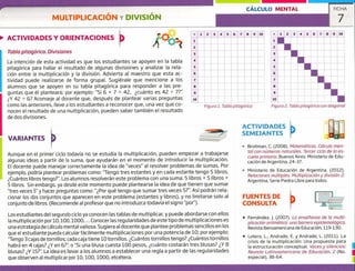 * 1 Z 3 4 5 6 7 8 9 10
1
a
3
4
5
6
Figura 1. Tabla pitagorica
x i 2 3 4 5 6 7 8 9 10
1
2
3
8
9
10
Figura 2. Tabla pitagórica con diagonal
MULTIPLICACIÓN Y DIVISIÓN
CÁLCULO MENTAL FICHA
7
ACTIVIDADES Y ORIENTACIONES
Tabla pitagórica. Divisiones
La intención de esta actividad es que los estudiantes se apoyen en la tabla
pitagórica para hallar el resultado de algunas divisiones y analizar la rela-
ción entre la multiplicación y la división. Advierta al maestro que esta ac-
tividad puede realizarse de forma grupal. Sugiérale que mencione a los
alumnos que se apoyen en su tabla pitagórica para responder a las pre-
guntas que él planteará; por ejemplo: Si 6 x 7 = 42, ¿cuánto es 42 ~ 7?"
¿Y 42 ~ 5? Aconseje al docente que, después de plantear varias preguntas
como las anteriores, lleve a los estudiantes a reconocer que, una vez que co-
nocen el resultado de una multiplicación, pueden saber también el resultado
de dos divisiones.
Aunque en el primer ciclo todavía no se estudia la multiplicación, pueden empezar a trabajarse
algunas ideas a partir de la suma, que ayudarán en el momento de introducir la multiplicación.
El docente puede manejar correctamente la idea de "veces" al resolver problemas de sumas. Por
ejemplo, podría plantear problemas como: "Tengo tres estantes y en cada estante tengo 5 libros.
¿Cuántos libros tengo?", Los alumnos resolverán este problema con una suma: 5 libros + 5 libros +
5 libros. Sin embargo, ya desde este momento puede plantearse la idea de que tienen que sumar
"tres veces 5" y hacer preguntas como: "Por qué tengo que sumar tres veces 5?". Así podrán rela-
cionar los dos conjuntos que aparecen en este problema (estantes y libros), y no limitarse solo al
conjunto de libros. (Recomiende al profesor que no introduzca todavía el signo "por").
Los estudiantes del segundo ciclo ya conocen las tablas de multiplicar, y puede abordarse con ellos
la multiplicación por 10,100,1000, ... Conocer las regularidades de este tipo de multiplicaciones es
una estrategia de cálculo mental valiosa. Sugiera al docente que plantee problemas sencillos en los
que el estudiante pueda calcular fácilmente multiplicaciones por una potencia de 10; por ejemplo:
"Tengo 3 cajas de tornillos; cada caja tiene 10 tornillos. ¿Cuántos tornillos tengo? ¿Cuántos tornillos
habrá en 4 cajas? ¿Y en 6?"; o "Si una blusa cuesta 100 pesos, ¿cuánto costarán tres blusas? ¿Y 8
blusas? Y 15?". La idea es llevar a los alumnos a establecer una regla a partir de las regularidades
que observen al multiplicar por 10, 100, 1000, etcétera.
ACTIVIDADES
SEMEJANTES
Broitman, C. (2008). Matemáticas. Cálculo men-
tal con números naturales. Tercer ciclo de la es-
cuelo primario. Buenos Aires: Ministerio de Edu-
cación de Argentina, 24-37.
» Ministerio de Educación de Argentina. (2012).
Relaciones múltiples. Multiplicación y división 2,
Argentina. Serie Piedra Libre para todos.
FUENTES DE
CONSULTA
• Fernández, J. (2007). La enseñanza de lo multi-
plicación aritmética: una barrera episternológico.
Revista Iberoamericana de Educación, 119-130.
• Lotero, L., Andrade, E. y Andrade, L. (2011). La
crisis de la multiplicación: Una propuesta para
la estructuración conceptual. Voces y silencios.'
Revista Latinoamericana de Educación, 2 (No.
especial), 38-54.
VARIANTES 1
 