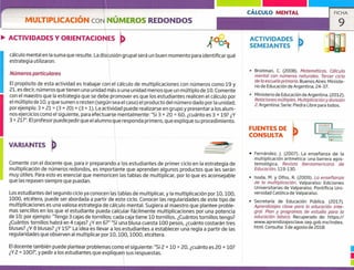 FUENTES DE
CONSULTA
• Fernández, J. (2007). La enseñanza de la
multiplicación aritmética: una barrera epis-
temológica. Revista Iberoamericana de
Educación, 119-130.
• lsoda, M. y Olfos, R. (2009). La ensenanza
de la multiplicación. Valparaíso: Ediciones
Universitarias de Valparaíso. Pontificia Uni-
versidad Católica de Valparaíso.
• Secretaría de Educación Pública. (2017).
Aprendizajes clave para la educación inte-
gral. Plan y programas de estudio para la
educación bósica. Recuperado de: https://
www.aprendizajesclave.sep.gob.mx/index.
html, Consulta: 3 de agosto de 2018.
CÁLCULO MENTAL FICHA
r
MULTIPLICACIÓN CON NÚMEROS REDONDOS 9
ACTIVIDADES Y ORIENTACIONES
cálculo mental en la suma que resulte. La discusión grupal será un buen momento para identificar qué
estrategia utilizaron.
Números particulares
El propósito de esta actividad es trabajar con el cálculo de multiplicaciones con números como 19 y
21, es decir, números que tienen una unidad más o una unidad menos que un múltiplo de 10. Comente
con el maestro que la estrategia que se debe promover es que los estudiantes realicen el cálculo por
el múltiplo de 10, y que sumen o resten (según sea el caso) el producto del número dado por la unidad;
por ejemplo: 3 x 21 = (3 x 20) + (3 x 1). La actividad puede realizarse en grupo y presentar a los alum-
nos ejercicios como el siguiente, para efectuarse mentalmente: "Si 3 x 20 = 60, ¿cuánto es 3 x 19? ¿Y
3 x 21?". El profesor puede pedirque el alumno que responda primero, que explique su procedimiento.
VARIANTES
Comente con el docente que, para ir preparando a los estudiantes de primer ciclo en la estrategia de
multiplicación de números redondos, es importante que aprendan algunos productos que les serán
muy útiles, Para esto es esencial que memoricen las tablas de multiplicar, por lo que es aconsejable
que las repasen siempre que puedan.
Los estudiantes del segundo ciclo ya conocen las tablas de multiplicar, y la multiplicación por 10, 100,
1000, etcétera, puede ser abordada a partir de este ciclo. Conocer las regularidades de este tipo de
multiplicaciones es una valiosa estrategia de cálculo mental. Sugiera al maestro que plantee proble-
mas sencillos en los que el estudiante pueda calcular fácilmente multiplicaciones por una potencia
de 10; por ejemplo: "Tengo 3 cajas de tornillos; cada caja tiene 10 tornillos. ¿Cuántos tornillos tengo?
¿Cuántos tornillos habrá en 4 cajas? ¿Y en 6?" "Si una blusa cuesta 100 pesos, ¿cuánto costarán tres
blusas? ¿Y 8 blusas? ¿Y 15?" La idea es llevar a los estudiantes a establecer una regla a partir de las
regularidades que observen al multiplicar por 10, 100, 1000, etcétera.
El docente también puede plantear problemas como el siguiente: "Si 2 x 10 20, ¿cuánto es 20 x 10?
¿Y 2 x 1OO?' y pedir a los estudiantes que expliquen sus respuestas.
1
1
ACTIVIDADES
SEMEJANTES
Broitman, C. (2008). Motemóticas. Cólculo
mental con números naturales. Tercer ciclo
de/a escuela primaria. Buenos Aires: Ministe-
rio de Educación de Argentina, 24-37.
Ministerio de Educación de Argentina. (2012).
Relaciones múltiples. Multiplicación y división
2. Argentina: Serie: Piedra Libre para todos.
u
u
 