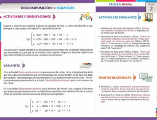 FUENTES DE CONSULTA
• Broitman, C. (2007). Matemática. Cálculo mental con
números naturales. Tercer ciclo de la escuela prima-
ria. Buenos Aires, Argentina: Ministerio de Educación.
• Quaranta, M. y Ponce, H. (2006). Matemática. Cálculo
mental con números naturales. Apuntes para la ense-
n"íanza. Buenos Aires, Argentina: Ministerio de Educa-
ción.
- -,.--,
DESCOMPOSICIÓN DE NÚMEROS
CÁLCULO MENTAL FICHA
2
ACTIVIDADES Y ORIENTACIONES ACTIVIDADES SEMEJANTES
Sugiera al docente que organice al grupo en equipos de tres o cuatro estudiantes y que
entregue a cada equipo una hoja con la siguiente situación:
a. 300 + ¿JQ + 50 + 40 + 7
597 b. 200+ 200 + 200 + 80 + 20 + 5±2
c. 100 + 400 + 80 + 10 + 5 + 2
Una vez que el equipo identifica las descomposiciones correctas, un equipo explicará por
qué son correctas y por qué es incorrecta la otra opción. Sugiera al docente repetir este
ejercicio con todos los números que considere conveniente.
Ministerio de Educación de Argentina. (2012). Relacio-
nes múltiples. Multiplicación y división 2. Argentina: Se-
rie: Piedra Libre para todos.
Secretaría de Educación Pública. (2014). Fichero de
actividades didácticas paro Escuelas de Tiempo Com-
pleto. Jugar con números y algo más. México: SEP. Fi-
chas: 2, "El más cercano a 100"; 4, "Rompecabezas con
números"; 11, "Ensalada de números"; 18, "Juego con
dados"; 19, "Laberintos".
Secretaría de Educación Pública, (1993). Fichero de
actividades didácticas. Matemáticas. Tercer grado. Mé-
xico: SEP. Fichas: 3, "El tiro al blanco"; 5, "Dados y cuen-
tas"; 9, "Cuadros numéricos"; 15, "Frijoles y números";
16, "El contador"; 20, "El cajero"; 23, "La lotería".
VARIANTES
En la actividad Desarmando números, para alumnos de primer ciclo, proponga al docente
que les pida a los estudiantes que descompongan los números del 1 al 20. Que les diga,
por ejemplo: "Descompongan en dos números el 14 y escríbanlo como una suma". Poste-
riormente puede plantea rles la actividad Di/o de diferente manera, pero con números de
dos cifras.
En la actividad Desarmando números, para alumnos del tercer ciclo, sugiera al docente
que proponga descomposiciones multiplicativas sencillas, con números de tres o cuatro
cifras, de acuerdo como vea el avance del grupo; por ejemplo:
a. 5x 100+9x 10+7
59 b. 5 x 1000 + 9 x 100 + 7 x 1
c.50x 10+9x 10+7x1
1
 