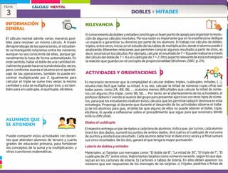 ALUMNOS QUE
SE ATIENDEN
Puede compartir estas actividades con docen-
tes que atienden alumnos de tercero y cuarto
grados de educación primaria, para fortalecer
los conceptos de la suma y la multiplicación, y
otras cuestiones matemáticas.
1
u
FICHA CÁLCULO MENTAL
3 DOBLES Y MITADES
INFORMACIÓN
GENERAL
RELEVANCIA
El cálculo mental admite varias maneras posi-
bles para resolver un mismo cálculo. A través
del aprendizaje de las operaciones, el estudian-
te va manejando relaciones entre los números,
aunque no sea consciente de ellas, porque ge-
neralmente lo hace de forma automatizada. En
este sentido, hallar el doble de una cantidad ini-
cialmente puede hacerse sumándola dos veces,
pero, conforme avanza el alumno en el aprendi-
zaje de las operaciones, también lo puede en-
contrar multiplicando por 2. Igualmente para
calcular el triple se suma tres veces la misma
cantidad o esta se multiplica por tres, y asítam-
bién para el cuádruple, el quíntuple, etcétera.
E! conocimiento de dobles y mitades constituye un buen punto de apoyo para organizar la resolu-
ción de algunos cálculos mentales. Por esa razón es importante que en la enseñanza se dedique
un espacio a garantizar su dominio por parte de los alumnos. El trabajo con cálculos de dobles,
triples, entre otros, inicia con el estudio de las tablas de multiplicación, donde el alumno puede ir
analizando diferentes relaciones que permiten conocer algunos resultados a partir de otros, es
decir, reconstruirlos cálculos. Por ejemplo, calcular el resultado de 7 x 8 puede realizarse a través
del cálculo del doble de 7 4o el cuádruple de 7 x 2. Otro aspecto relevante de esta estrategia es
la relación que guarda con el concepto de proporcionalidad (Broitman, 2007, p. 24).
ACTIVIDADESY ORIENTACIONES
Es necesario reconocer que la complejidad al calcu ar dobles, triples, cuádruples, mitades, (...),
resulta más fácil que hallar su mitad. A su vez, calcular la mitad de números cuyas cifras son
todas pares, como 24, 48, 86, ... ocasiona menos dificultades que calcular la mitad de núnie-
ros con alguna cifra impar, como 38, 56, ... Por tanto, en el planteamiento de las actividades, el
profesor deberá ir viendo el avance del grupo para presentar ejercicios con otros tipos de núme-
ros, para que los estudiantes realicen estos cálculos que les permitan adquirir destreza en esta
estrategia. Proponga al docente que durante el desarrollo de las actividades observe el traba-
jo de los alumnos para que, al detectar que alguno de ellos no puede obtener el doble, triple,
etcétera, lo ayude a reflexionar sobre el procedimiento que sigue para que reconozca dónde
está su dificultad.
Dados al cuádruple
El maestro entrega un par de dados a cada bina de alumnos. Indica que, porturnos, cada alumno
tirará los dos dados, sumará los puntos de ambos dados, dirá cuál es el cuádruple de esa suma
de puntos y anotará ese resultado. Cada alumno debe tirar el dado cinco veces y al final sumará
sus cinco resultados. De los dos, ganará el que tenga la mayor puntuación.
Lotería de dobles y mitades
Materiales: a) Tarjetas con mensajes como: 'El doble de 8", "La mitad de 30", "El triple de 7", "El
cuádruple de 25", entre otras. Habrá tantas tarjetas como números necesite, según los que apa-
rezcan en los cartones de lotería. b) Cartones o tablas de lotería. En ellos deben aparecer los
números que son respuestas de los mensajes de las tarjetas. c) Frijoles, piedritas o fichas de
 