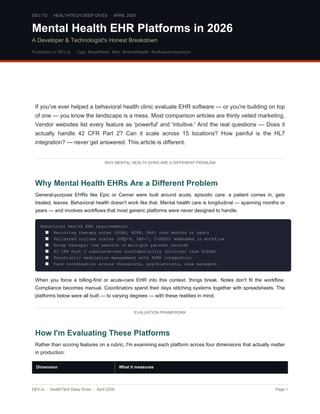 In-Depth Analysis of Mental Health EHR Platforms in 2026 for Developers ...