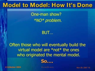 Model to Model: How It ’ s Done One-man show?  *NO* problem. BUT… Often those who will eventually build the virtual model are *not* the ones  who originated the mental model.  So…. 