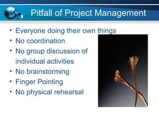 Pitfall of Project Management Everyone doing their own things No coordination No group discussion of  individual activities No brainstorming Finger Pointing No physical rehearsal 