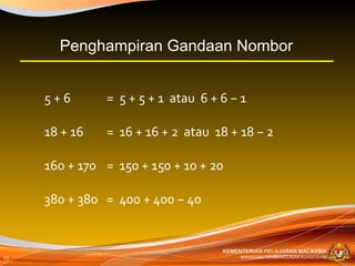 5 + 6 =  5 + 5 + 1  atau  6 + 6 − 1 18 + 16 =  16 + 16 + 2  atau  18 + 18 − 2 160 + 170 =  150 + 150 + 10 + 20 380 + 380 =  400 + 400 − 40 Penghampiran Gandaan Nombor 