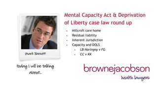 Mental Capacity Act & Deprivation of Liberty case law round up 
•Hillcroft care home 
•Residual liability 
•Inherent Jurisdiction 
•Capacity and DOLS 
•LB Haringey v FG 
•CC v KK  