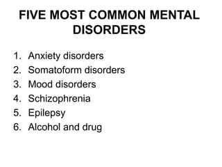 FIVE MOST COMMON MENTAL
DISORDERS
1. Anxiety disorders
2. Somatoform disorders
3. Mood disorders
4. Schizophrenia
5. Epilepsy
6. Alcohol and drug
 