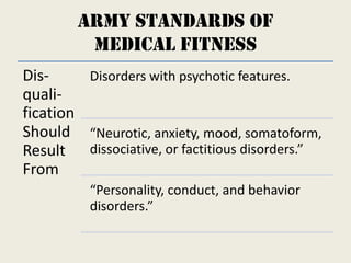 Army Standards of
Medical Fitness
Dis-
quali-
fication
Should
Result
From
Disorders with psychotic features.
“Neurotic, anxiety, mood, somatoform,
dissociative, or factitious disorders.”
“Personality, conduct, and behavior
disorders.”
 