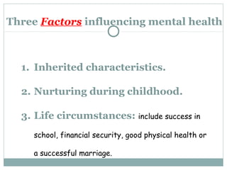 Three Factors influencing mental health 
1. Inherited characteristics. 
2. Nurturing during childhood. 
3. Life circumstances: include success in 
school, financial security, good physical health or 
a successful marriage. 
 