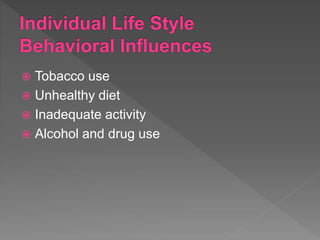  Tobacco use
 Unhealthy diet
 Inadequate activity
 Alcohol and drug use
 