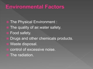  The Physical Environment :
 The quality of air.water safety.
 Food safety.
 Drugs and other chemicals products.
 Waste disposal.
 control of excessive noise.
 The radiation.
 