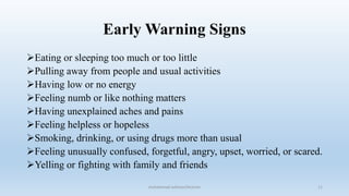 Early Warning Signs
Eating or sleeping too much or too little
Pulling away from people and usual activities
Having low or no energy
Feeling numb or like nothing matters
Having unexplained aches and pains
Feeling helpless or hopeless
Smoking, drinking, or using drugs more than usual
Feeling unusually confused, forgetful, angry, upset, worried, or scared.
Yelling or fighting with family and friends
11
muhammad suliman/lecturer
 
