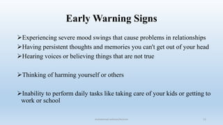 Early Warning Signs
Experiencing severe mood swings that cause problems in relationships
Having persistent thoughts and memories you can't get out of your head
Hearing voices or believing things that are not true
Thinking of harming yourself or others
Inability to perform daily tasks like taking care of your kids or getting to
work or school
12
muhammad suliman/lecturer
 