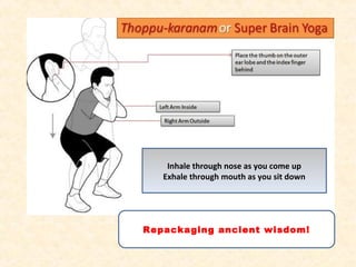 Inhale through nose as you come up
Exhale through mouth as you sit down
Repackaging ancient wisdom!
 