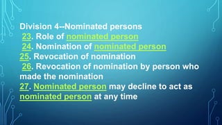 Division 4--Nominated persons
23. Role of nominated person
24. Nomination of nominated person
25. Revocation of nomination
26. Revocation of nomination by person who
made the nomination
27. Nominated person may decline to act as
nominated person at any time
 