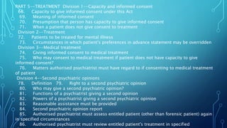 PART 5--TREATMENT Division 1--Capacity and informed consent
68. Capacity to give informed consent under this Act
69. Meaning of informed consent
70. Presumption that person has capacity to give informed consent
71. When a patient does not give consent to treatment
Division 2--Treatment
72. Patients to be treated for mental illness
73. Circumstances in which patient's preferences in advance statement may be overridden
Division 3--Medical treatment
74. Giving informed consent to medical treatment
75. Who may consent to medical treatment if patient does not have capacity to give
informed consent?
76. Matters authorised psychiatrist must have regard to if consenting to medical treatment
of patient
Division 4--Second psychiatric opinions
78. Definition 79. Right to a second psychiatric opinion
80. Who may give a second psychiatric opinion?
81. Functions of a psychiatrist giving a second opinion
82. Powers of a psychiatrist giving a second psychiatric opinion
83. Reasonable assistance must be provided
84. Second psychiatric opinion report
85. Authorised psychiatrist must assess entitled patient (other than forensic patient) again
in specified circumstances
86. Authorised psychiatrist must review entitled patient's treatment in specified
 