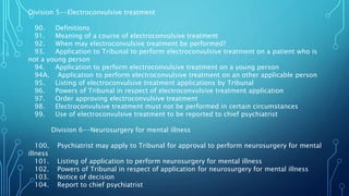 Division 5--Electroconvulsive treatment
90. Definitions
91. Meaning of a course of electroconvulsive treatment
92. When may electroconvulsive treatment be performed?
93. Application to Tribunal to perform electroconvulsive treatment on a patient who is
not a young person
94. Application to perform electroconvulsive treatment on a young person
94A. Application to perform electroconvulsive treatment on an other applicable person
95. Listing of electroconvulsive treatment applications by Tribunal
96. Powers of Tribunal in respect of electroconvulsive treatment application
97. Order approving electroconvulsive treatment
98. Electroconvulsive treatment must not be performed in certain circumstances
99. Use of electroconvulsive treatment to be reported to chief psychiatrist
Division 6--Neurosurgery for mental illness
100. Psychiatrist may apply to Tribunal for approval to perform neurosurgery for mental
illness
101. Listing of application to perform neurosurgery for mental illness
102. Powers of Tribunal in respect of application for neurosurgery for mental illness
103. Notice of decision
104. Report to chief psychiatrist
 