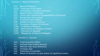 Division 2--Board of directors
332. Board of directors
332A. Functions of the board
333. Constitution of board of directors
334. Appointment of directors
335. Terms and conditions of appointment of directors
336. Resignation and removal
337. Protection from liability
338. Validity of acts or decisions
339. Procedure of board of directors
339A. Guidelines of Minister
339B. Appointment of delegate to board
339C. Functions of delegate
339D. Obligations of board to delegate
Division 3--General
340. Chief executive officer
341. Institute may employ persons
342. Minister may issue directions
343. Strategic plan
344. Statement of priorities
345. Board of directors to give notice of significant events
 