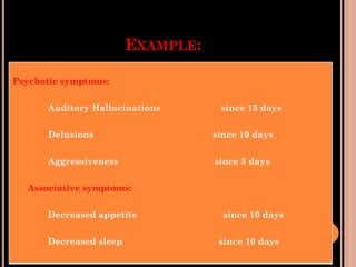 EXAMPLE:
Psychotic symptoms:
Auditory Hallucinations since 15 days
Delusions since 10 days
Aggressiveness since 5 days
Associative symptoms:
Decreased appetite since 10 days
Decreased sleep since 10 days
 