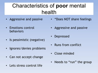 Characteristics of poor mental
health
• Aggressive and passive
• Emotions control
behaviors
• Is pessimistic (negative)
• Ignores/denies problems
• Can not accept change
• Lets stress control life
• “Does NOT share feelings
• Aggressive and passive
• Depressed
• Runs from conflict
• Close minded
• Needs to “run” the group
 