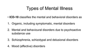 Types of Mental Illness
• ICD-10 classifies the mental and behavioral disorders as
1. Organic, including symptomatic, mental disorders
2. Mental and behavioural disorders due to psychoactive
substance use
3. Schizophrenia, schizotypal and delusional disorders
4. Mood (affective) disorders
 