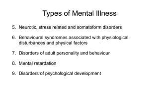 Types of Mental Illness
5. Neurotic, stress related and somatoform disorders
6. Behavioural syndromes associated with physiological
disturbances and physical factors
7. Disorders of adult personality and behaviour
8. Mental retardation
9. Disorders of psychological development
 