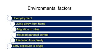 Environmental factors
Unemployment
Living away from home
Migration to cities
Relaxed parental control
Alienation from family
Early exposure to drugs
 