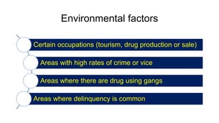 Environmental factors
Certain occupations (tourism, drug production or sale)
Areas with high rates of crime or vice
Areas where there are drug using gangs
Areas where delinquency is common
 