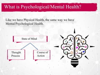 What is Psychological/Mental Health?
Like we have Physical Health, the same way we have
Mental/Psychological Health.
State of Mind
Thought
Process
Course of
Action
What is Psychological/Mental Health?
 