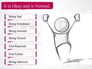 It is Okay and is Normal.
Being worried
Being Emotional
Being Sad
Being Tensed
Feel Rejected
Feel Failed
Being Introvert
 