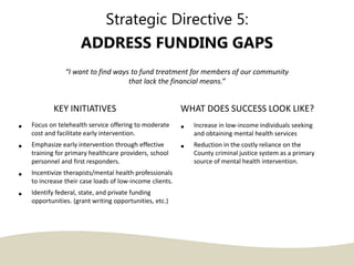 Strategic Directive 5:
ADDRESS FUNDING GAPS
“I want to find ways to fund treatment for members of our community
that lack ...