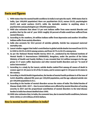 Facts and figures
1. WHO states that the mental health workforce in India is not upto the mark . WHO states that in
India, (per 100,000 population) there are psychiatrists (0.3), nurses (0.12), psychologists
(0.07) and social workers (0.07), while the desirable number is anything above 3
psychiatrists and psychologists per 100,000 population.
2. WHO also estimates that about 7.5 per cent Indians suffer from some mental disorder and
predicts that by the end of year 2020 roughly 20 percent of India would have suffered from
mental illnesses.
3. According to the numbers, 56 million Indians suffer from depression and another 38 million
Indians suffer from anxiety disorders.
4. India also accounts for 36.6 percent of suicides globally. Suicide has surpassed maternal
mortality rate.
5. Lancet studies suggest that India’s contribution to global suicide deaths increased from 25·3%
in 1990 to 36·6% in 2016 among women, and from 18·7% to 24·3% among men.
6. As per the National Mental Health Survey 2015-16 , conducted by the National Institute of
Mental Health & Neurosciences (NIMHANS), Bengaluru, under the purview of the Union
Ministry of Health and Family Welfare, it was revealed that 9.8 million teenagers in the age
group 13-17 years suffer depression and other mental health disorders and are “in need of
active intervention”.
7. According to a study by the Lancet, suicide deaths ranked first among all causes of death in
women aged 15-29 years in 26 of the 31 states, and in women aged 15-39 years in 24 states in
the country.
8. According to World Health Organisation, the burden of mental health problems is of the tune of
2,443 disability-adjusted life years per 100,000 population, and the age-adjusted suicide rate
per 100,000 population is 21.1.
9. According to the burden of mental disorders across the states of India: The Global Burden of
Disease Study 1990–2017 – One in seven Indians were affected by mental disorders of varying
severity in 2017 and the proportional contribution of mental disorders to the total disease
burden in India has almost doubled since 1990.
10.WHO also estimates that, in India, the economic loss, due to mental health conditions, between
2012-2030, is 1.03 trillions of 2010 dollars.
How is mental health condition in India?
 