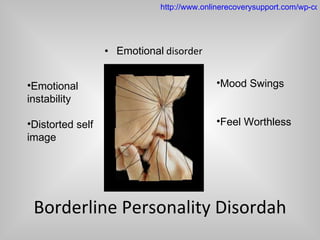 Borderline Personality Disordah Emotional  disorder http://www.onlinerecoverysupport.com/wp-content/uploads/borderline.jpg Emotional instability Distorted self image Mood Swings Feel Worthless 