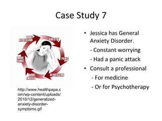 Case Study 7 Jessica has General Anxiety Disorder.  - Constant worrying - Had a panic attack Consult a professional   - For medicine   - Or for Psychotherapy http://www.healthpapa.com/wp-content/uploads/2010/12/generalized-anxiety-disorder-symptoms.gif 