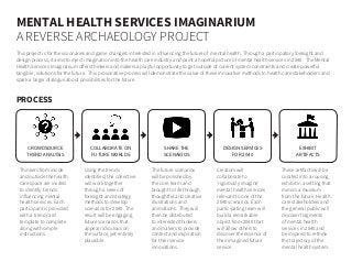 MENTAL HEALTH SERVICES IMAGINARIUM
A REVERSE ARCHAEOLOGY PROJECT
This project is for the visionaries and game changers interested in influencing the future of mental health. Through a participatory foresight and
design process, it aims to inject imagination into the health care industry and paint a hopeful picture of mental health services in 2040. The Mental
Health Services Imaginarium offers thinkers and makers a playful opportunity to get outside of current system constraints and create powerful
tangible, solutions for the future. This provocative process will demonstrate the value of these innovative methods to health care stakeholders and
spark a larger dialogue about possibilities for the future.
PROCESS
CROWDSOURCE
TREND ANALYSIS
COLLABORATE ON
FUTURE WORLDS
SHARE THE
SCENARIOS
DESIGN SERVICES
FOR 2040
EXHIBIT
ARTIFACTS
Thinkers from inside
and outside the health
care space are invited
to identify trends
influencing mental
health services. Each
participant is provided
with a trend card
template to complete
along with simple
instructions.
Using the trends
identified, the collective
will work together
through a series of
foresight and strategy
methods to develop
scenarios for 2040. The
result will be engaging
future scenarios that
appear ridiculous on
the surface, yet entirely
plausible.
The future scenarios
will be polished by
the core team and
brought to life through
thoughtful and creative
illustrations and
animations. They will
then be distributed
to interested thinkers
and makers to provide
context and inspiration
for their service
innovations.
Creators will
collaborate to
‘rigorously imagine’
mental health services
relevant to one of the
2040 scenarios. Each
participating team will
build a remarkable
object from 2040 that
will allow others to
discover the essence of
their imagined future
service.
These artifacts will be
curated into a rousing
exhibit in a setting that
mimics a museum
from the future. Health
care stakeholders and
the general public will
discover fragments
of mental health
services in 2040 and
be inspired to rethink
the trajectory of the
mental health system.
 
