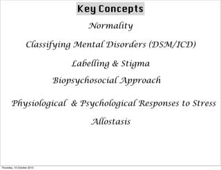 Key Concepts
Normality
Classifying Mental Disorders (DSM/ICD)
Labelling & Stigma
Biopsychosocial Approach
Physiological & Psychological Responses to Stress
Allostasis
Thursday, 10 October 2013
 