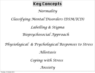 Key Concepts
Normality
Classifying Mental Disorders (DSM/ICD)
Labelling & Stigma
Biopsychosocial Approach
Physiological & Psychological Responses to Stress
Allostasis
Coping with Stress
Anxiety
Thursday, 10 October 2013
 
