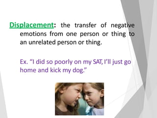 Displacement: the transfer of negative
emotions from one person or thing to
an unrelated person or thing.
Ex. “I did so poorly on my SAT,I’ll just go
home and kick my dog.”
 