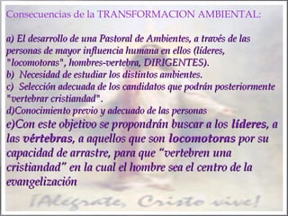 Consecuencias de la TRANSFORMACION AMBIENTAL:
a) El desarrollo de una Pastoral de Ambientes, a través de las
personas de mayor influencia humana en ellos (líderes,
"locomotoras", hombres-vertebra, DIRIGENTES).
b) Necesidad de estudiar los distintos ambientes.
c) Selección adecuada de los candidatos que podrán posteriormente
"vertebrar cristiandad".
d)Conocimiento previo y adecuado de las personas

e)Con este objetivo se propondrán buscar a los líderes, a
las vértebras, a aquellos que son locomotoras por su
capacidad de arrastre, para que “vertebren una
cristiandad” en la cual el hombre sea el centro de la
evangelización

 