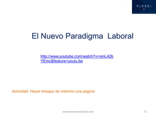 El Nuevo Paradigma Laboral

               http://www.youtube.com/watch?v=oinL42b
               YEmc&feature=youtu.be




Actividad: Hacer ensayo de máximo una pagina




                          www.kinseiconsultoria.com     12
 
