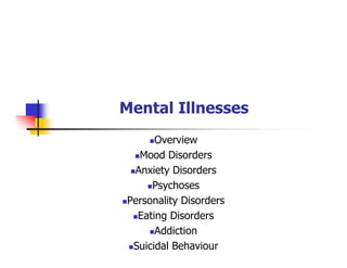 Mental Illnesses
Overview
Mood Disorders
Anxiety Disorders
Psychoses
Personality Disorders
Eating Disorders
Addiction
Suicidal Behaviour
 