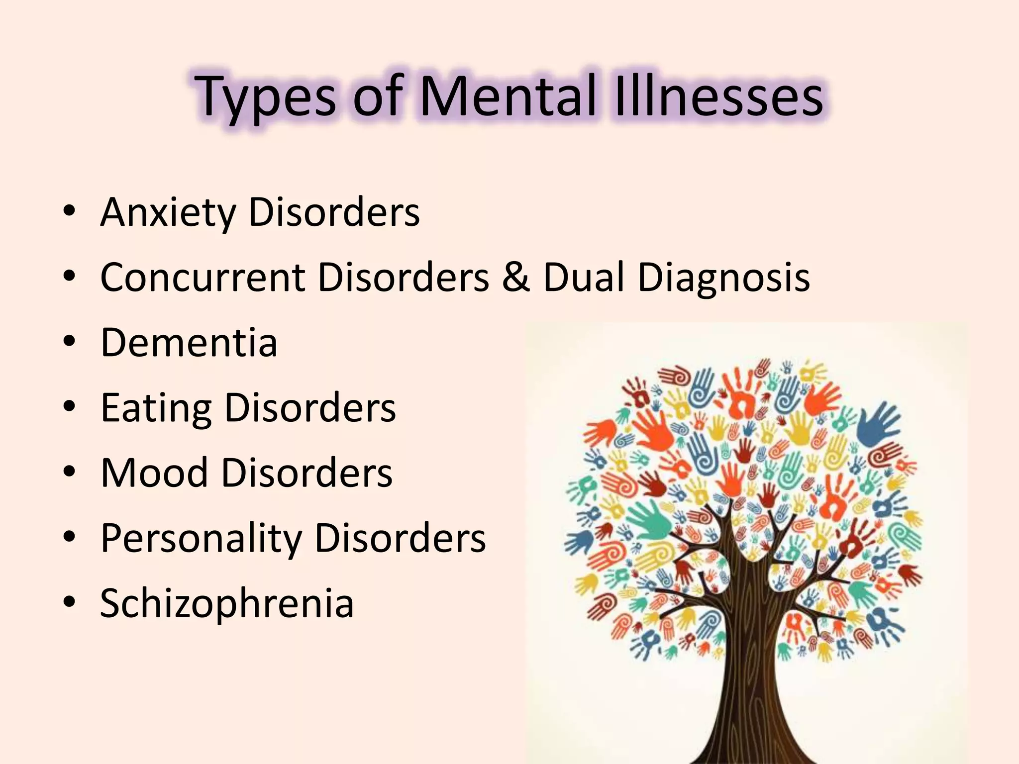 Types of Mental Illnesses
• Anxiety Disorders
• Concurrent Disorders & Dual Diagnosis
• Dementia
• Eating Disorders
• Mood Disorders
• Personality Disorders
• Schizophrenia
 