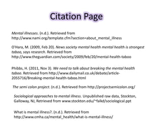 Citation Page
What is mental illness?. (n.d.). Retrieved from
http://www.cmha.ca/mental_health/what-is-mental-illness/
O'Hara, M. (2009, Feb 20). News society mental health mental health is strongest
taboo, says research. Retrieved from
http://www.theguardian.com/society/2009/feb/20/mental-health-taboo
The semi colon project. (n.d.). Retrieved from http://projectsemicolon.org/
Mental illnesses. (n.d.). Retrieved from
http://www.nami.org/template.cfm?section=about_mental_illness
Phibbs, H. (2011, Nov 3). We need to talk about breaking the mental health
taboo. Retrieved from http://www.dailymail.co.uk/debate/article-
2055716/Breaking-mental-health-taboo.html
Sociological approaches to mental illness. Unpublished raw data, Stockton,
Galloway, NJ, Retrieved from www.stockton.edu/~falkd/sociological.ppt
 