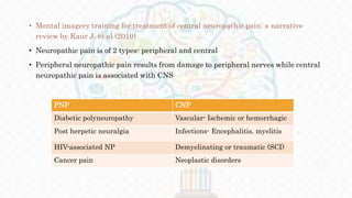 • Mental imagery training for treatment of central neuropathic pain: a narrative
review by Kaur J. et al (2019)
• Neuropathic pain is of 2 types- peripheral and central
• Peripheral neuropathic pain results from damage to peripheral nerves while central
neuropathic pain is associated with CNS
PNP CNP
Diabetic polyneuropathy Vascular- Ischemic or hemorrhagic
Post herpetic neuralgia Infections- Encephalitis, myelitis
HIV-associated NP Demyelinating or traumatic (SCI)
Cancer pain Neoplastic disorders
 