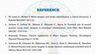 REFERENCE
1. De varies S., Mulder T. Motor imagery and stroke rehabilitation: a critical discussion. J
Rehabil Med 2007; 39: 5-13.
2. Jackson P., Lafleur M., Malouin F., Richards C., Doyon D. Potential role of mental
practice using motor imagery in neurologic rehabilitation. Arch Phys Med Rehabil
2001;82 : 1133-1141
3. Kawasaki Tsubasa. Clinical Applicarion of Motor Imagery Training. Neurological
Physical Therapy.Chpt 4 : 51-69.
4. Letswaart M., Johnston M., Dijkerman HC., Joice S., Scott C., Macwalter R., Hamilton
S. Mental Practice with motor imagery in stroke recovery: randomized controlled trial of
efficacy. Brain 2011;134: 1373-1386.
 