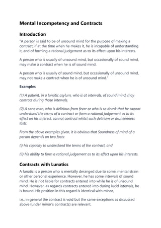 Incapable Example Mental Incompetency and Contracts in law | PDF