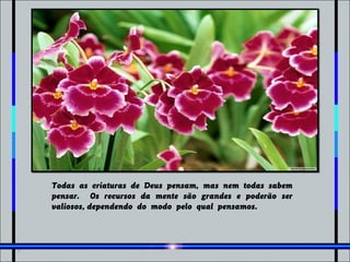 Todas as criaturas de Deus pensam, mas nem todas sabem
pensar. Os recursos da mente são grandes e poderão ser
valiosos, dependendo do modo pelo qual pensamos.
 
